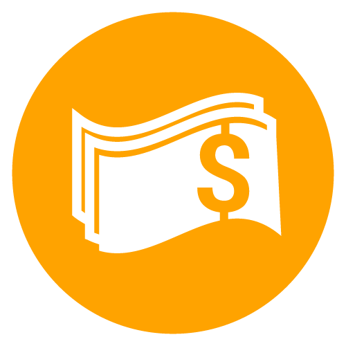 An orange icon with a stack of dollar bills.