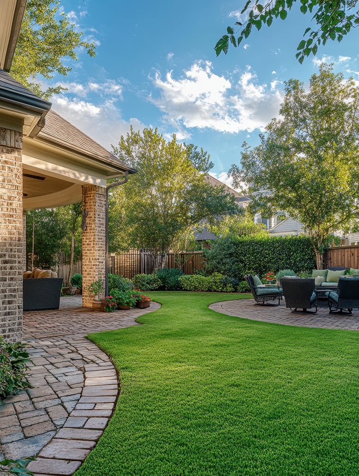 A backyard with well-maintained greenery, and a nice seating area.