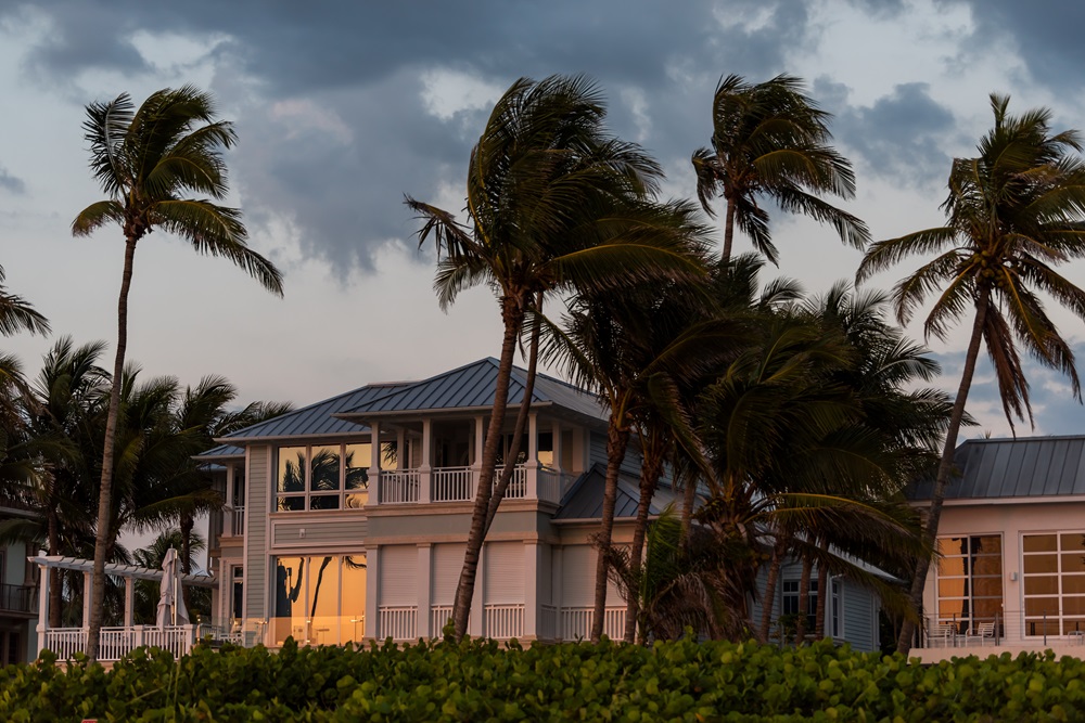 Vacation homes at sunset with palm trees bending in the wind.